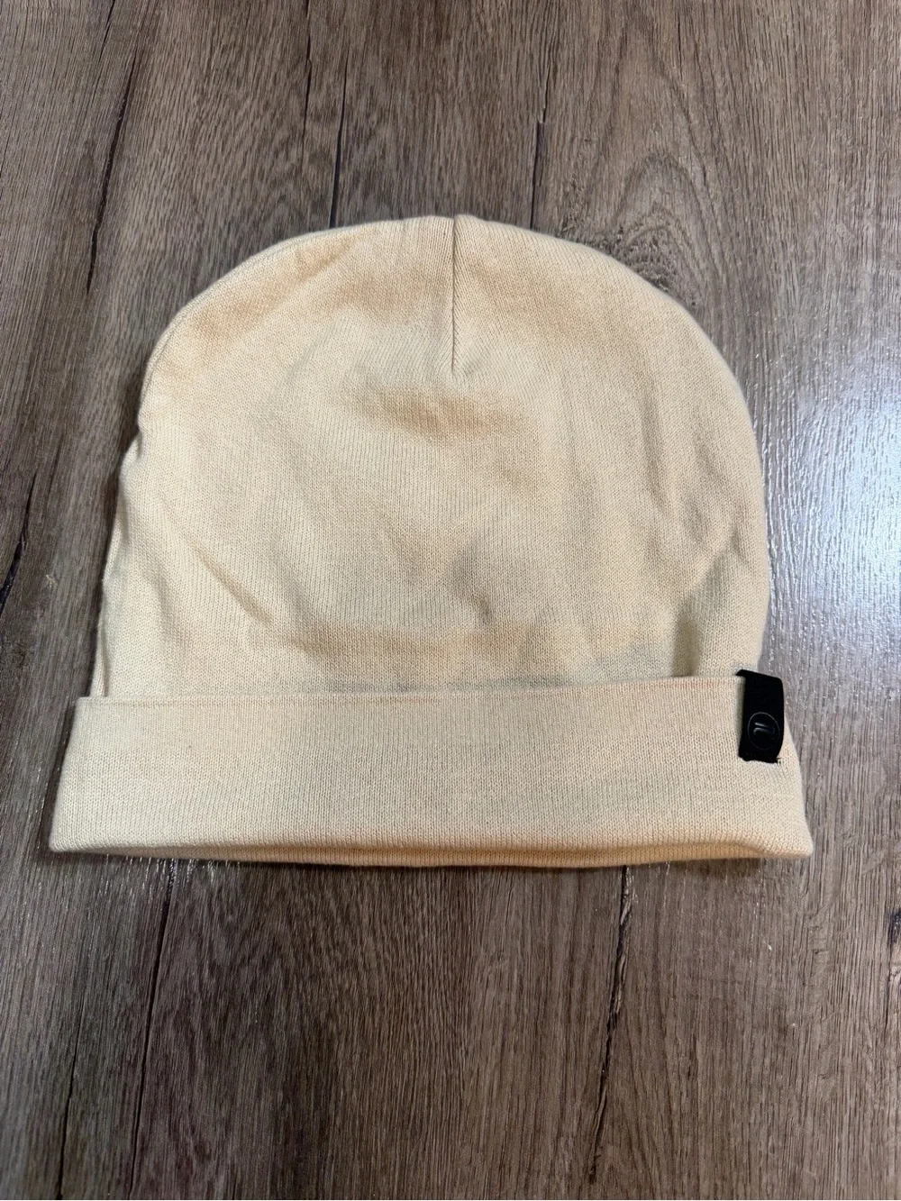 Cream Beanie Hat with Small Black Logo Tab